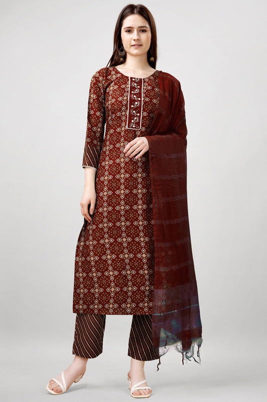 Tempting Rayon Fabric Brown Color Readymade Salwar Suit With Printed Work