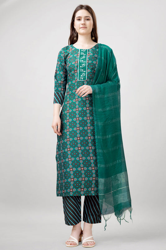 Engaging Sea Green Color Rayon Fabric Readymade Salwar Suit With Printed Work