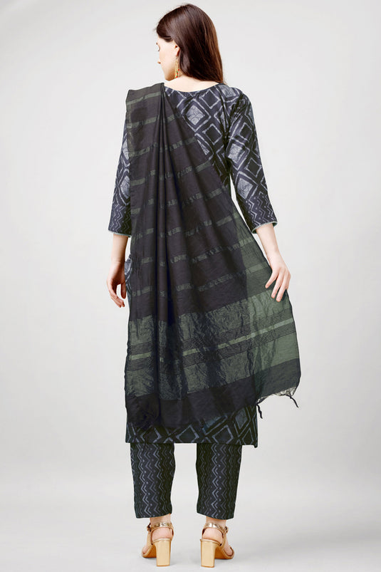 Classic Printed Work On Grey Color Readymade Salwar Suit In Rayon Fabric