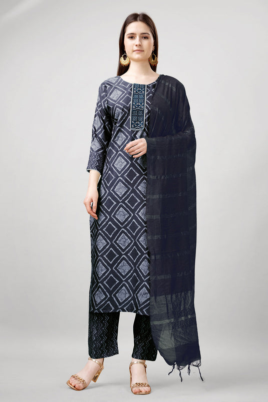 Classic Printed Work On Grey Color Readymade Salwar Suit In Rayon Fabric