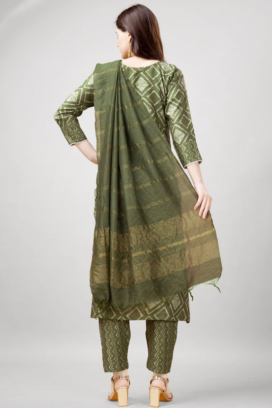 Rayon Fabric Olive Green Color Readymade Salwar Suit With Winsome Printed Work