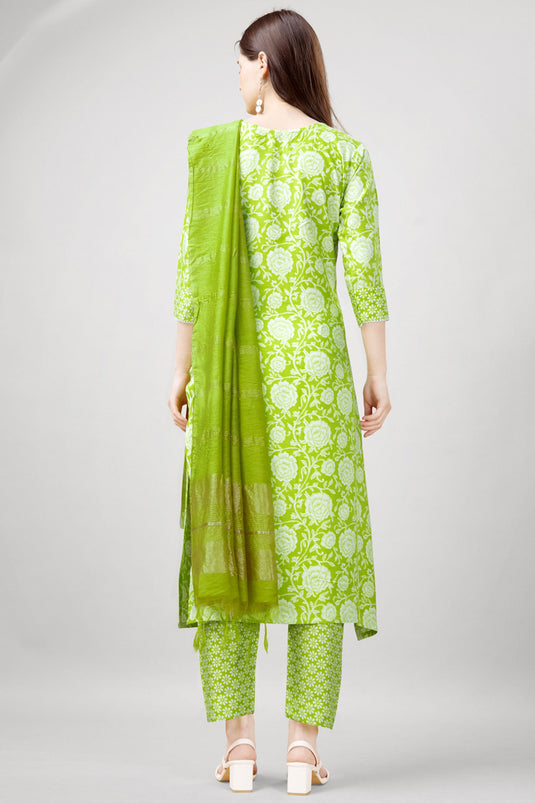 Marvellous Printed Work On Rayon Fabric Readymade Salwar Suit In Green Color