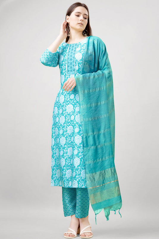 Solid Rayon Fabric Printed Work On Readymade Salwar Suit In Cyan Color