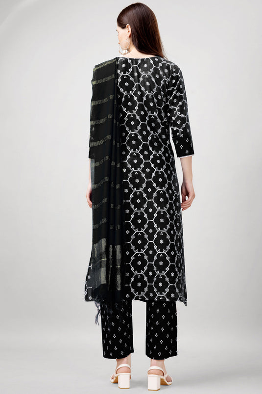 Printed Work Black Color Rayon Fabric Beauteous Readymade Salwar Suit