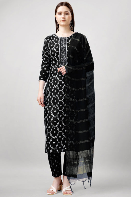 Printed Work Black Color Rayon Fabric Beauteous Readymade Salwar Suit