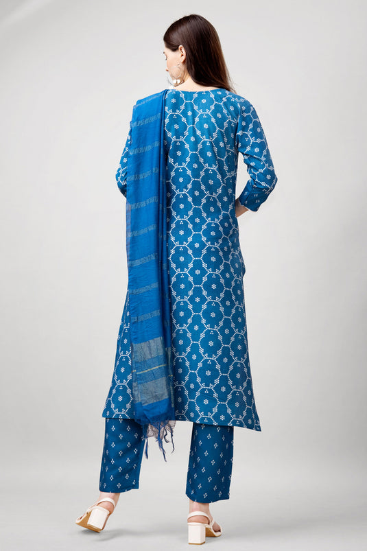 Sober Blue Color Rayon Fabric Readymade Salwar Suit With Printed Work