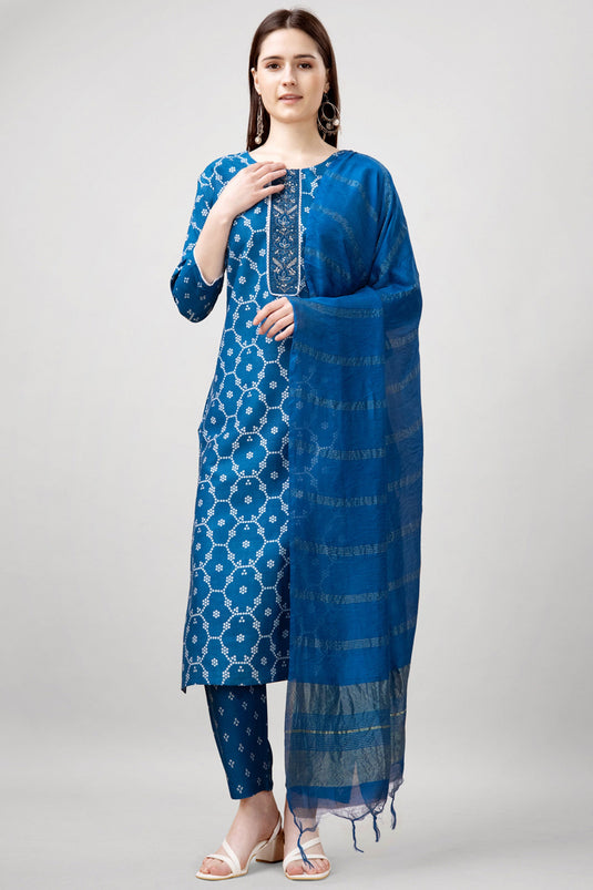 Sober Blue Color Rayon Fabric Readymade Salwar Suit With Printed Work