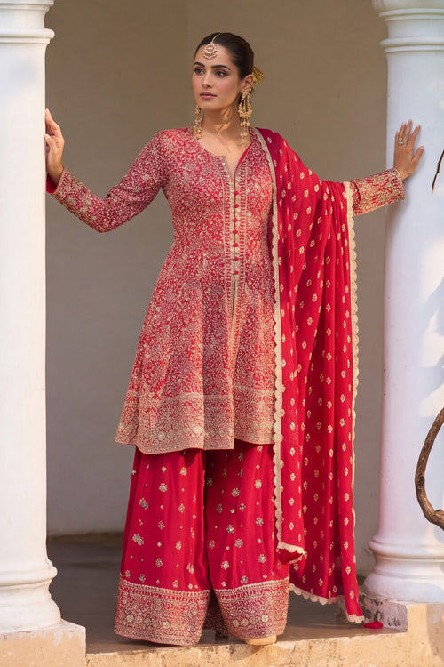 Red Heavy Embroidered Designer Sharara Suit
