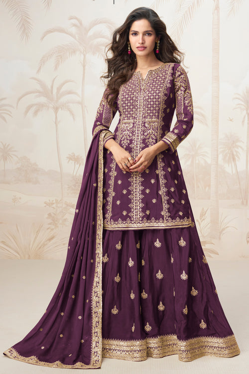 Wine Chinon Silk Embroidered Readymade Palazzo Salwar Kameez