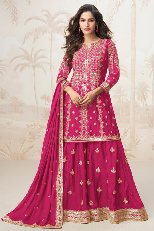 Chinon Silk Magenta Embroidered Readymade Palazzo Salwar Suit