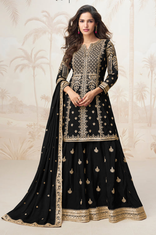 Embroidered Chinon Silk Black Readymade Palazzo Suit