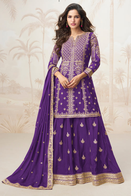 Chinon Silk Embroidered Readymade Palazzo Dress In Purple Color