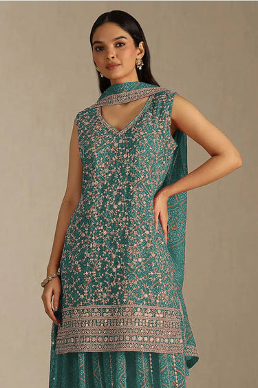 Cyan Georgette Palazzo Suit With Dupatta