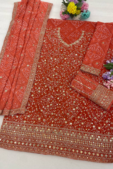 Georgette Embroidered Rust Designer Palazzo Suit