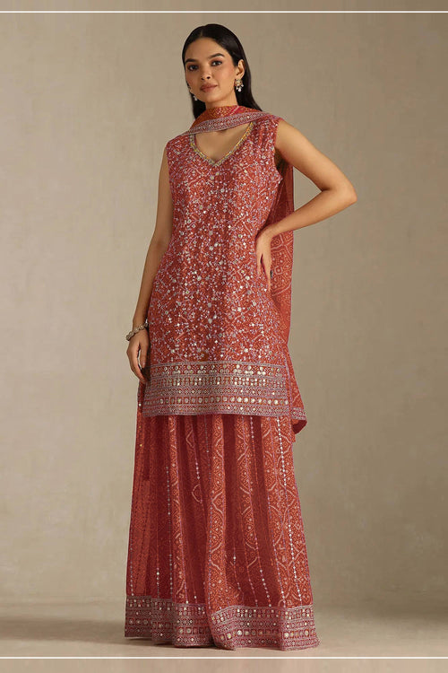 Georgette Embroidered Rust Designer Palazzo Suit