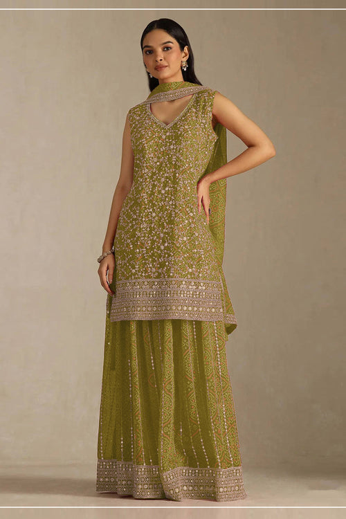 Green Georgette Designer Palazzo Suit With Dupatta