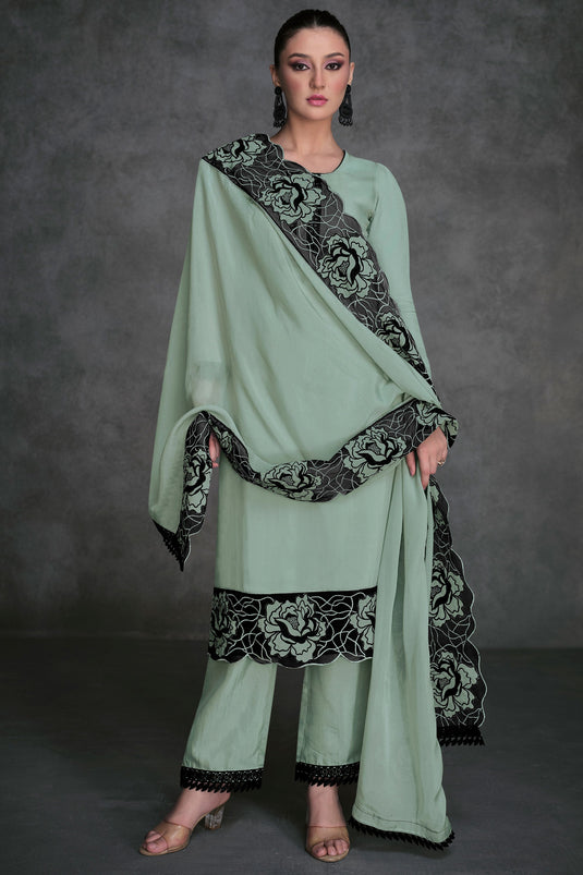 Dazzling Sea Green Color Readymade Salwar Suit In Organza Fabric