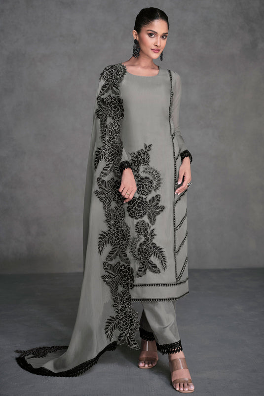 Sushrii Mishraa Charming Grey Color Organza Fabric Readymade Salwar Suit