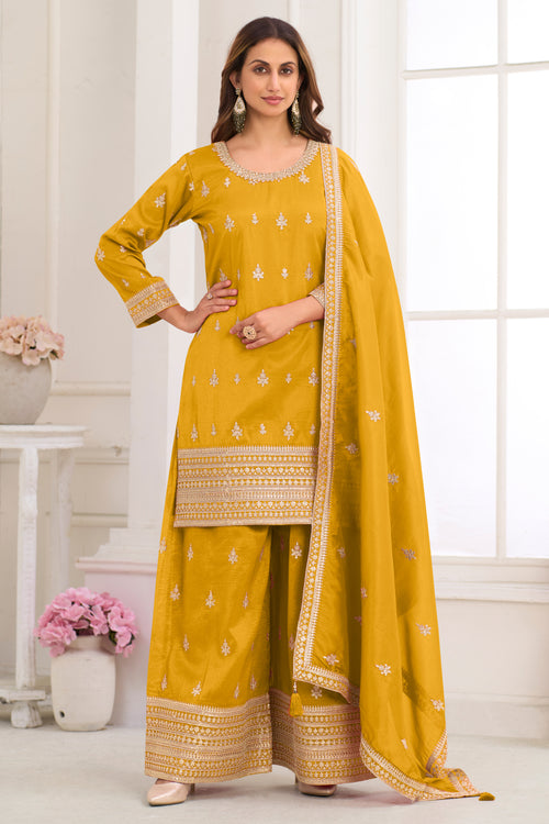 Premium Art Silk Festive Wear Yellow Readymade Palazzo Salwar Suit