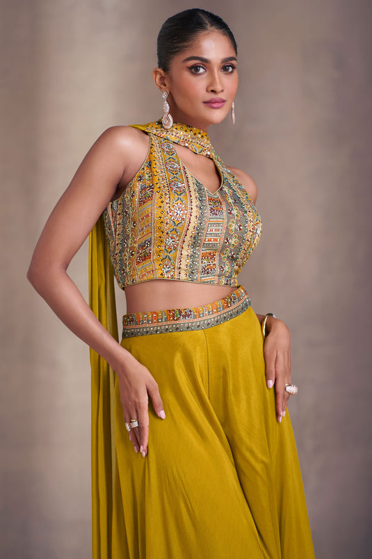 Sushrii Mishraa Glorious Mustard Color Chinon Silk Readymade Crop Top with Palazzo Set