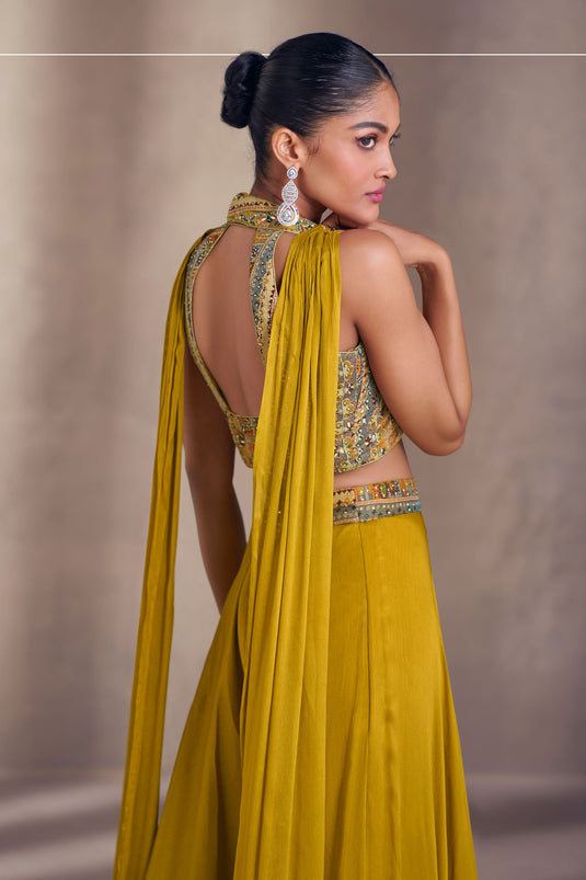 Sushrii Mishraa Glorious Mustard Color Chinon Silk Readymade Crop Top with Palazzo Set