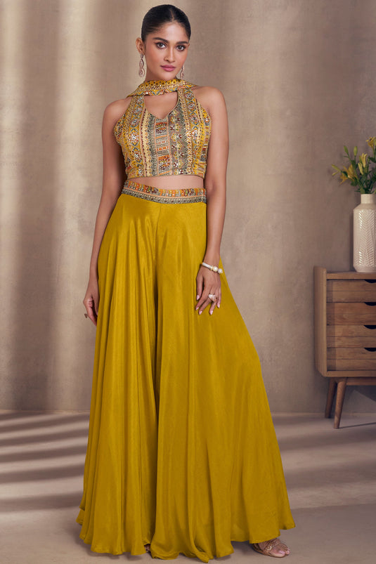 Sushrii Mishraa Glorious Mustard Color Chinon Silk Readymade Crop Top with Palazzo Set