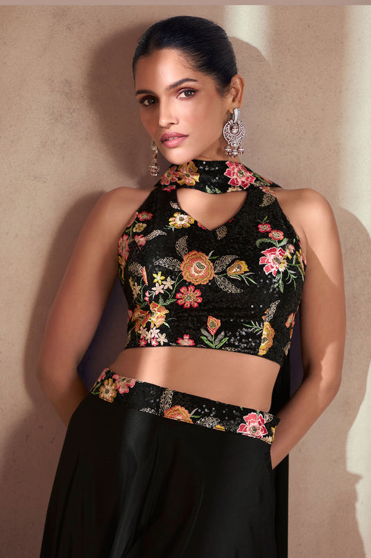 Vartika Singh Blazing Black Color Chinon Silk Readymade Crop Top with Palazzo Set