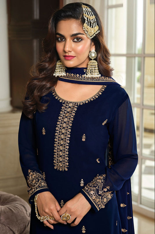 Creative Embroidered Work On Navy Blue Color Georgette Fabric Palazzo Suit