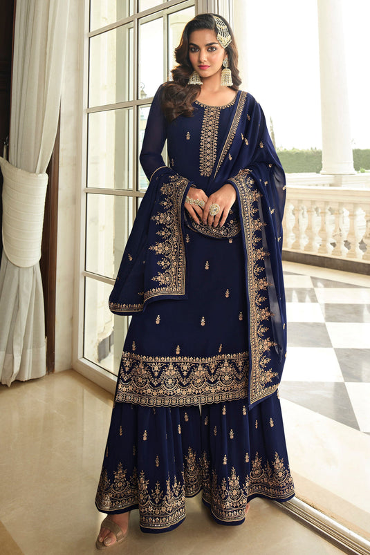 Creative Embroidered Work On Navy Blue Color Georgette Fabric Palazzo Suit