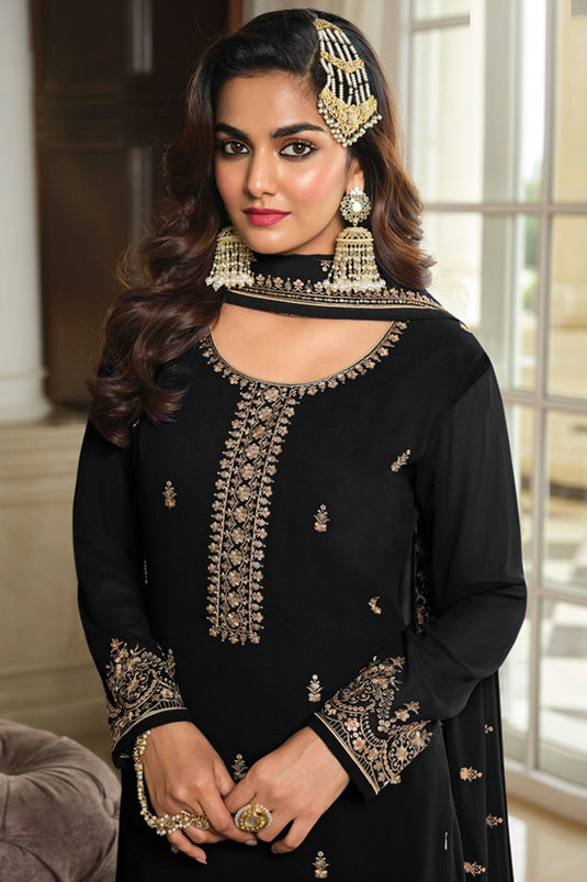 Beguiling Embroidered Work On Black Color Georgette Fabric Palazzo Suit