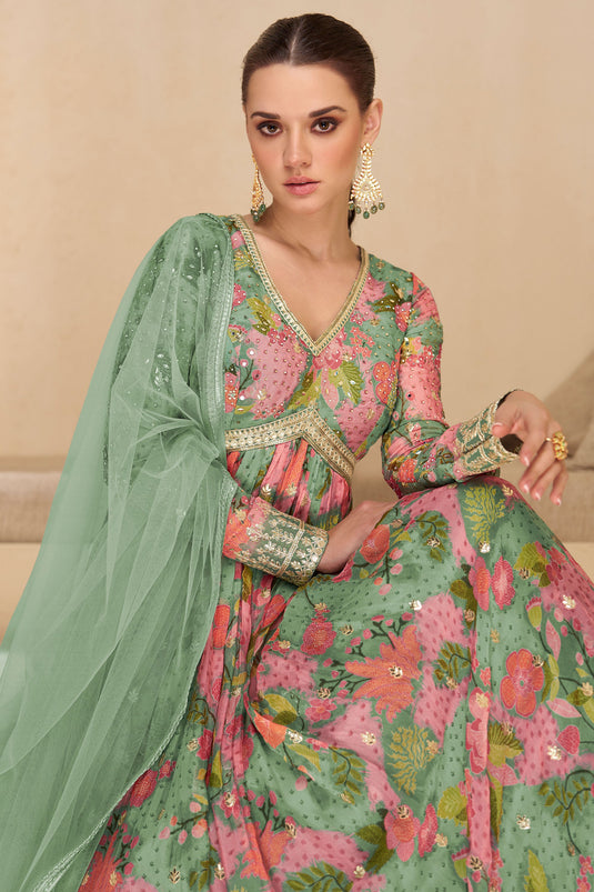 Eugeniya Belousova Luminous Readymade Georgette Gown With Dupatta In Sea Green Color