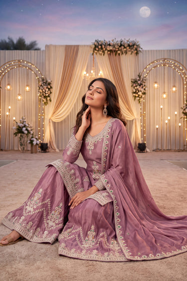 Pink Chinon Fancy Embroidered Sangeet Function Palazzo Suit