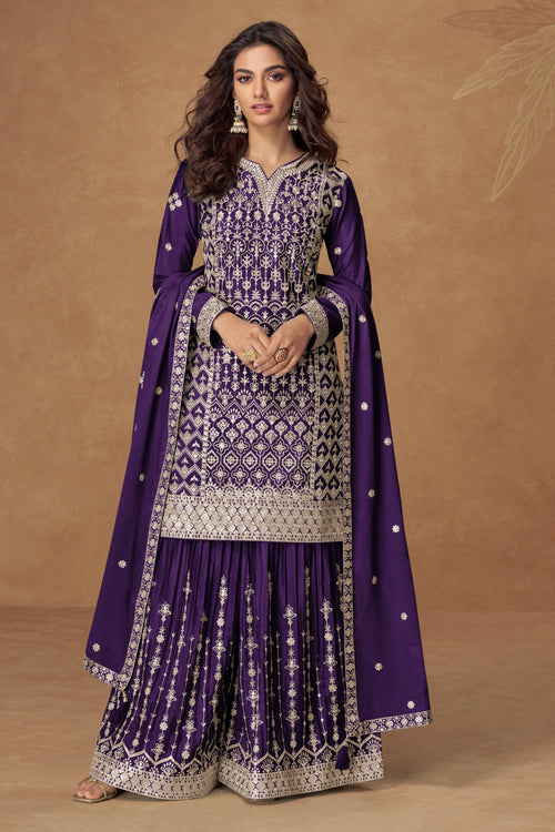 Chinon Silk Purple Embroidered Readymade Palazzo Salwar Suit