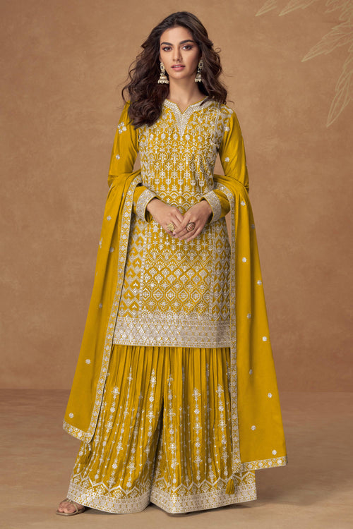Yellow Chinon Silk Embroidered Readymade Palazzo Salwar Kameez