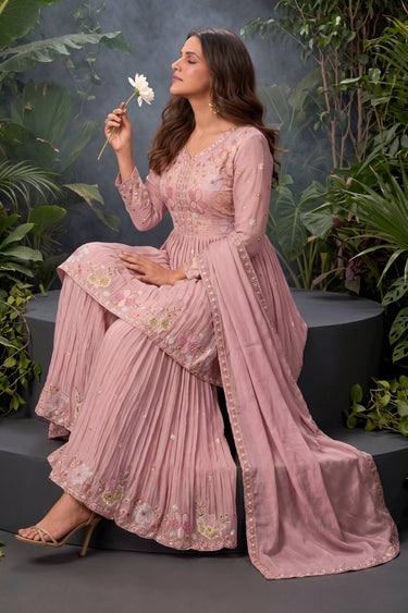 Chinon Embroidered Pink Readymade Palazzo Salwar Kameez
