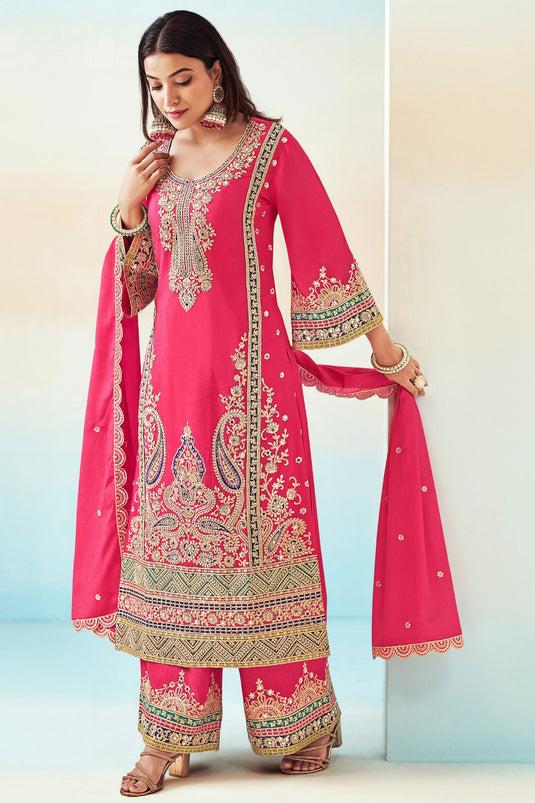 Chinon Fabric Pink Color Function Wear Elegant Palazzo Suit