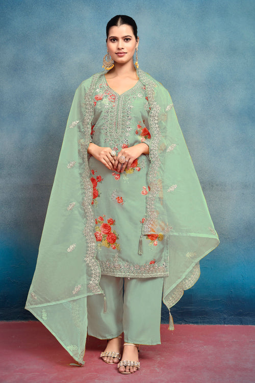 Embroidered Light Cyan Art Silk 3 Piece Salwar Suit