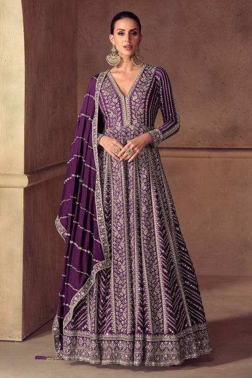 Embroidered Chinon Purple Party Wear Designer Readymade Floor Touch Gown With Dupatta