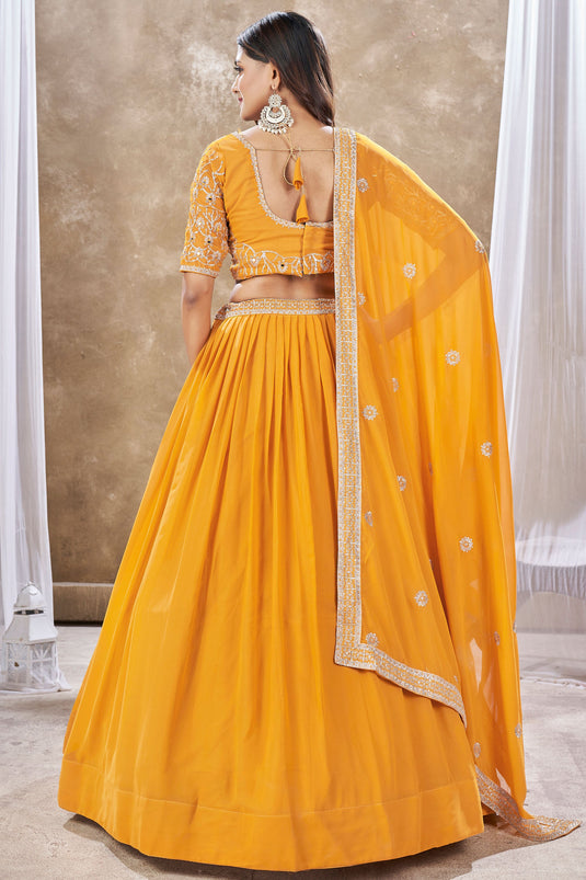 Creative Sequins Work On Yellow Color Georgette Fabric Lehenga