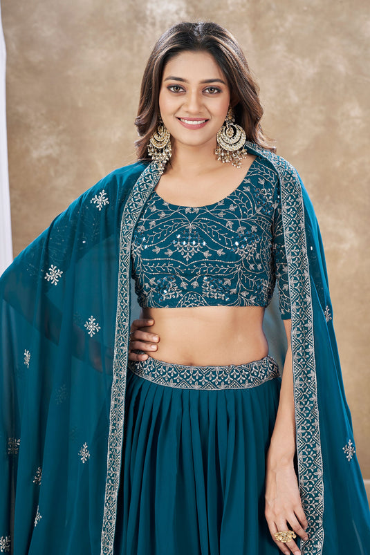 Teal Color Sequins Work On Georgette Fabric Stunning Lehenga