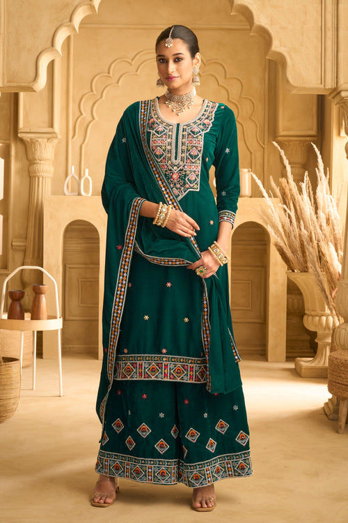 Dark Green Velvet Alluring Party Wear Palazzo Salwar Kameez