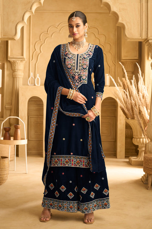 Velvet Navy Blue Party Wear Palazzo Salwar Suit