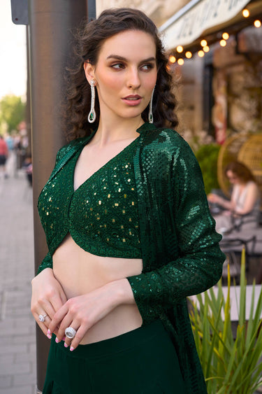 Georgette Embellished Indo Western Crop Top With Palazzo And Shrug