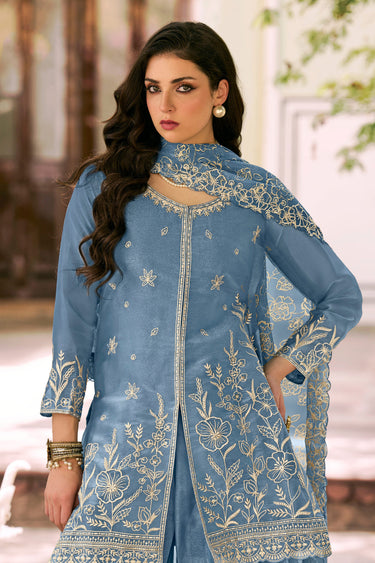 Classic Embroidered Blue Designer Sharara Suit