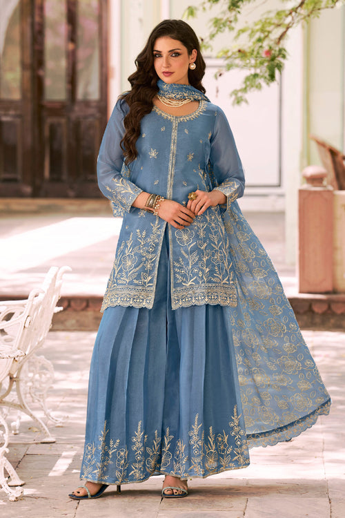 Classic Embroidered Blue Designer Sharara Suit
