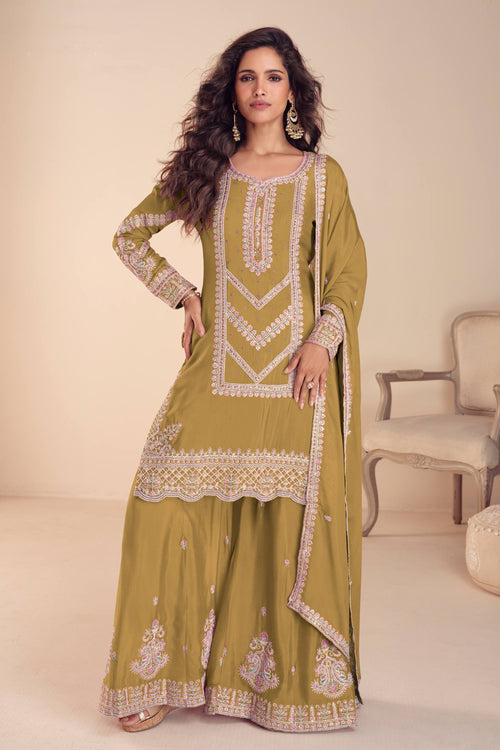 Embroidered Chinon Green Festive Wear Readymade Palazzo Suit