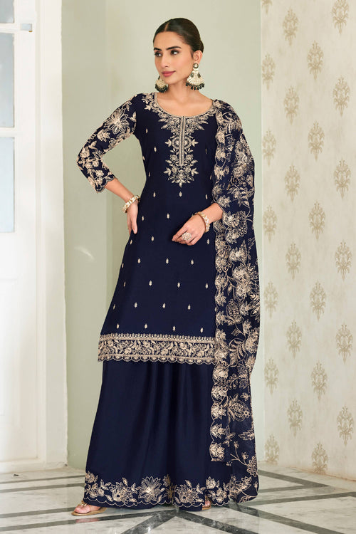 Navy Blue Chinon Embroidered Party Wear Palazzo Suit