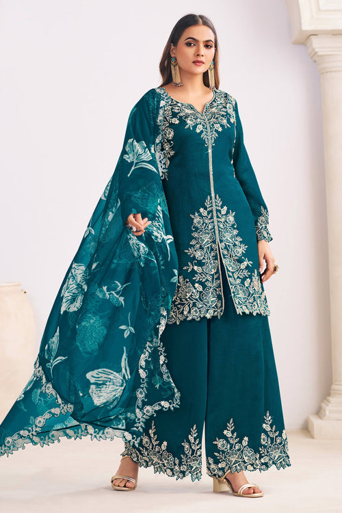 Teal Art Silk Embroidered Readymade Palazzo Salwar Kameez
