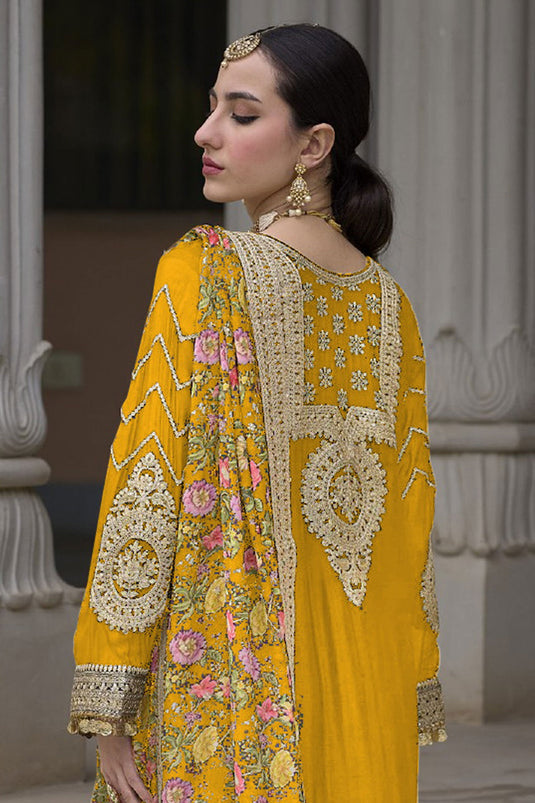 Yellow Color Exquisite Readymade Palazzo Suit In Chinon Fabric