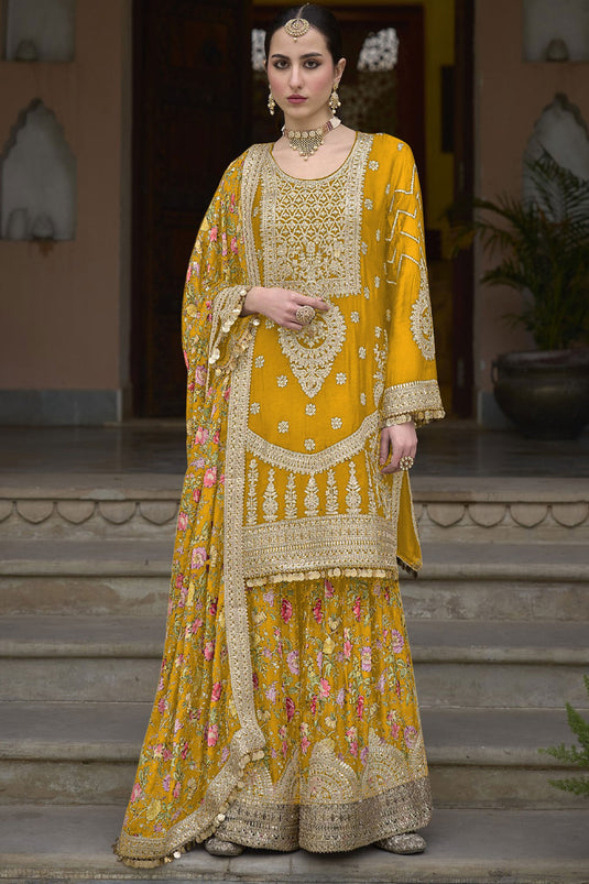 Yellow Color Exquisite Readymade Palazzo Suit In Chinon Fabric